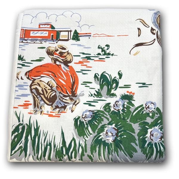 Vintage cowboy cotton tablecloth, 60-inch square, 1940s reproduction, silk screen printed