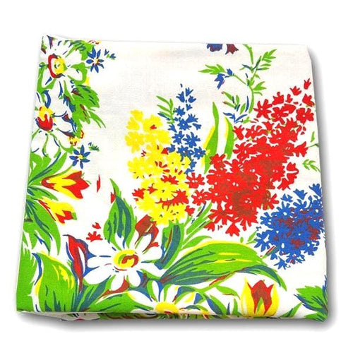 Vintage meadow floral cotton tablecloth, 60-inch square, 1940s reproduction, silk screen printed