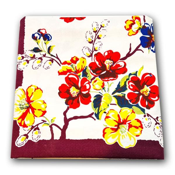 Vintage blossoms floral cotton tablecloth, 60-inch square, 1940s reproduction, silk screen printed