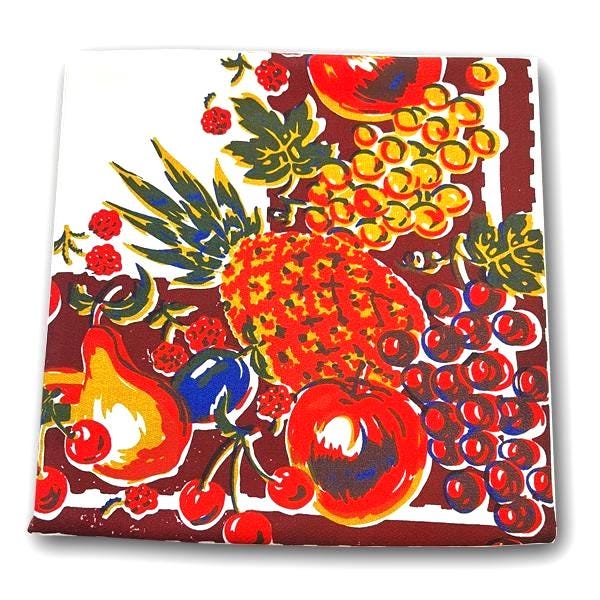 Vintage fruit cocktail cotton tablecloth, 60-inch square, 1940s reproduction, silk screen printed