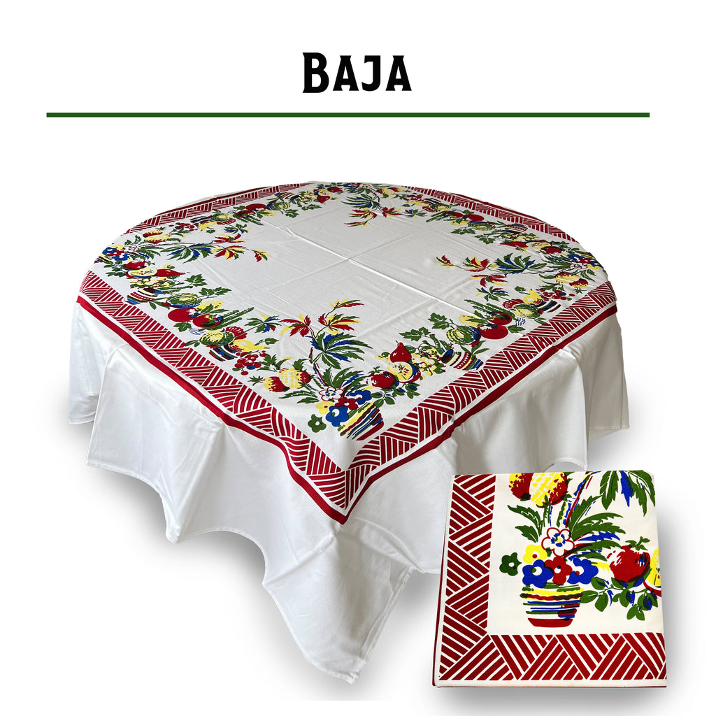 Vintage Baja tropical cotton tablecloth, 60-inch square, 1940s reproduction, silk screen printed