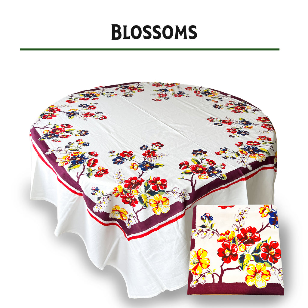 Vintage blossoms floral cotton tablecloth, 60-inch square, 1940s reproduction, silk screen printed