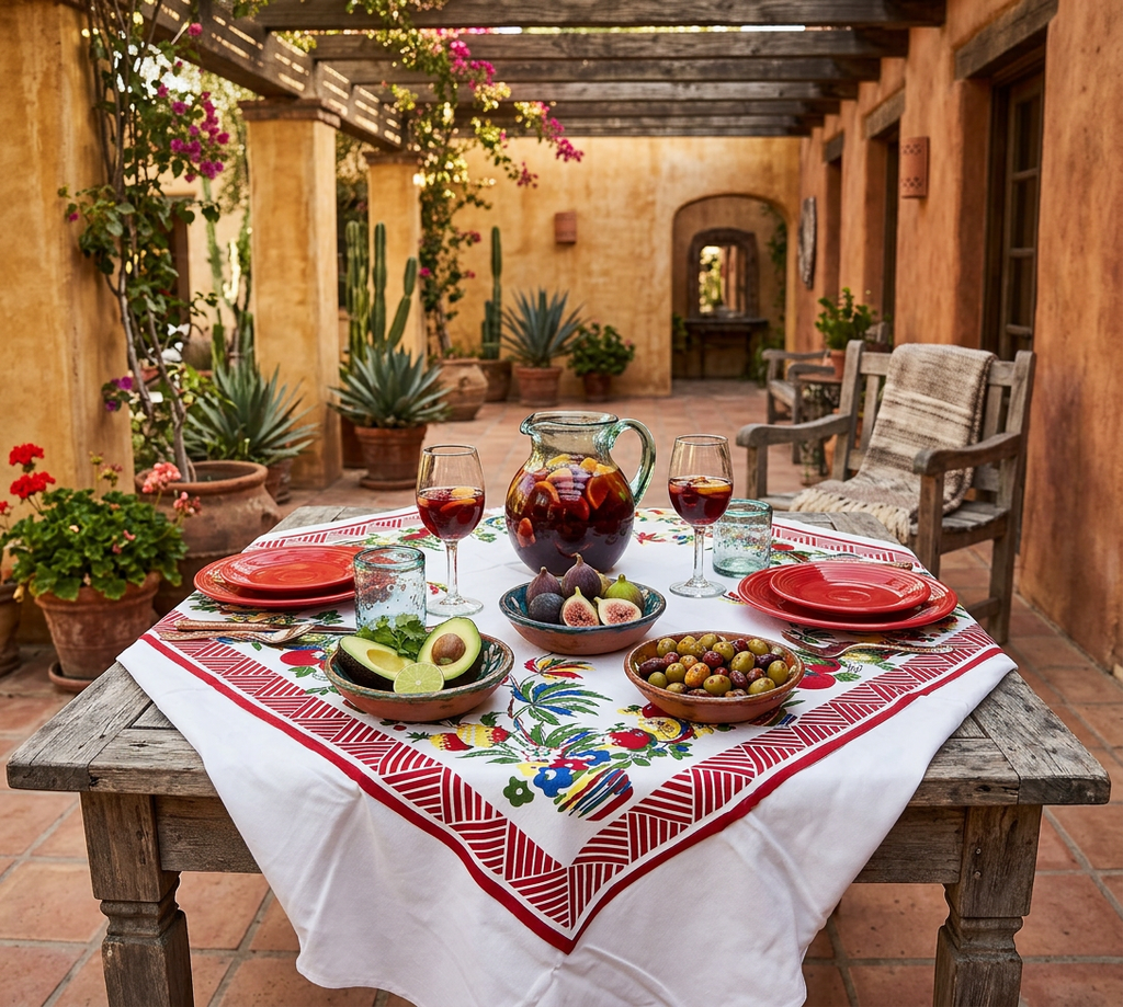 Baja pattern vintage tablecloth on table with, plates, glasses, and food in a rustic setting.