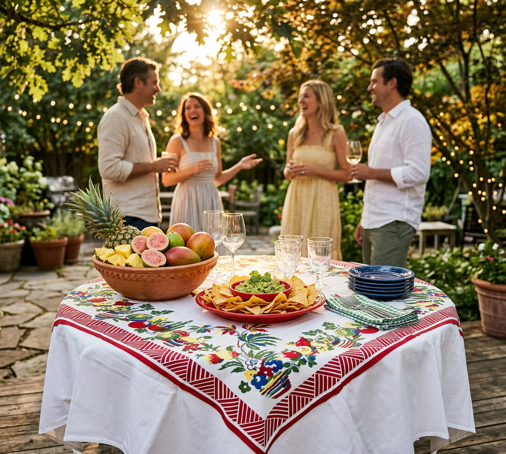 Baja pattern vintage tablecloth on table set for meal with group of people enjoying a outdoor gathering.