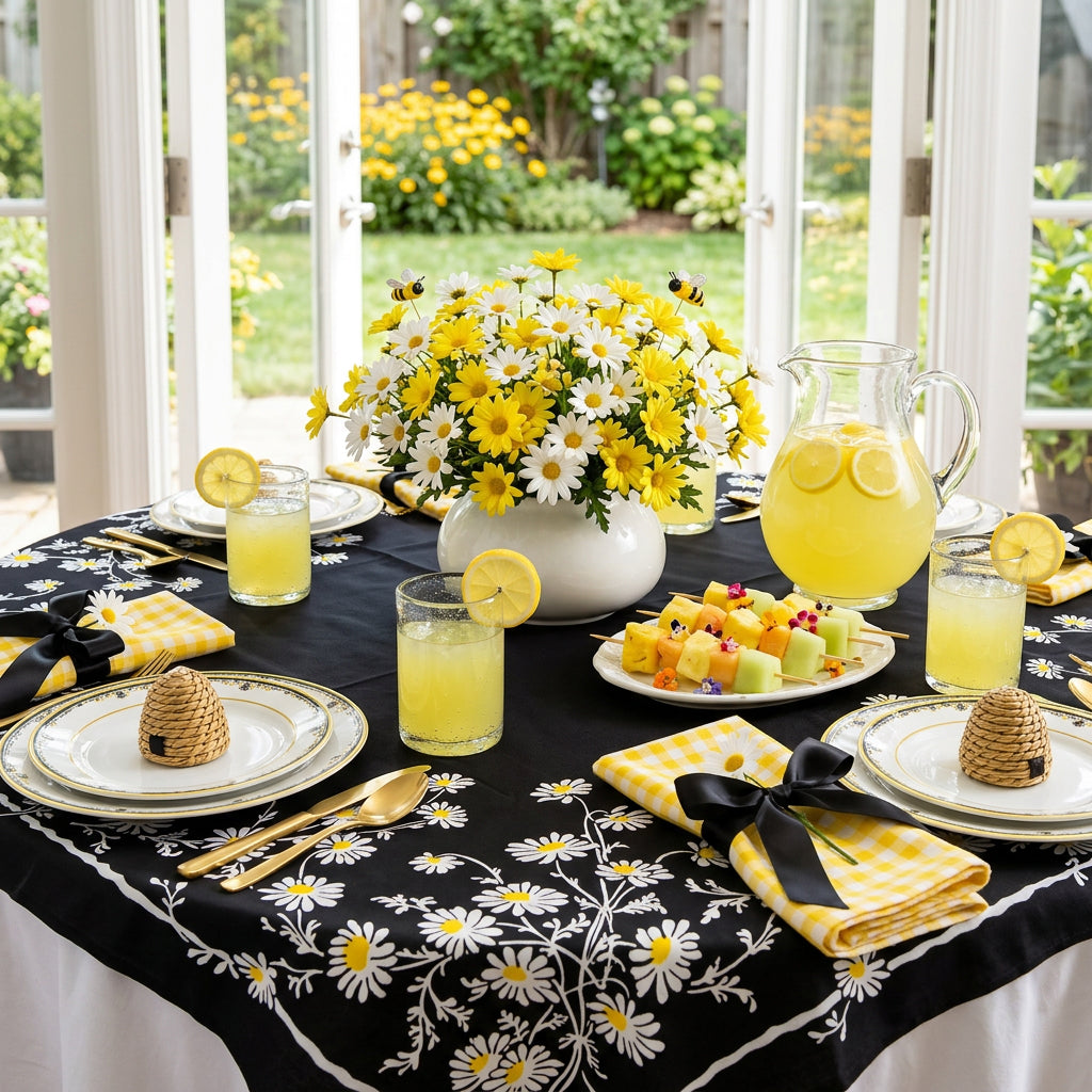 Daisies on Black Background Repro 1940s Era Tablecloth, 100% Cotton