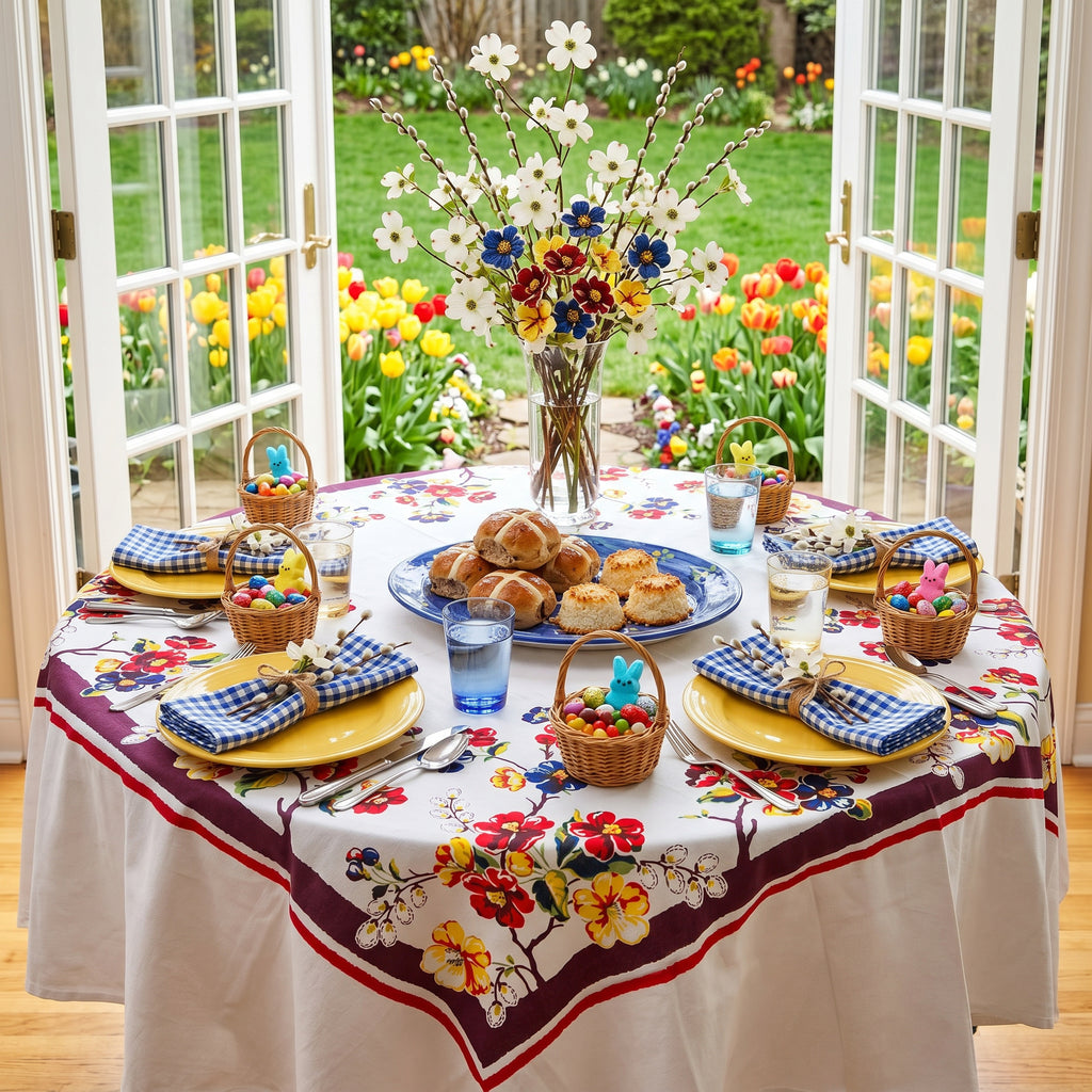 Blossoms vintage style tablecloth on an Easter table setting with pastries, baskets, and flowers in a garden.