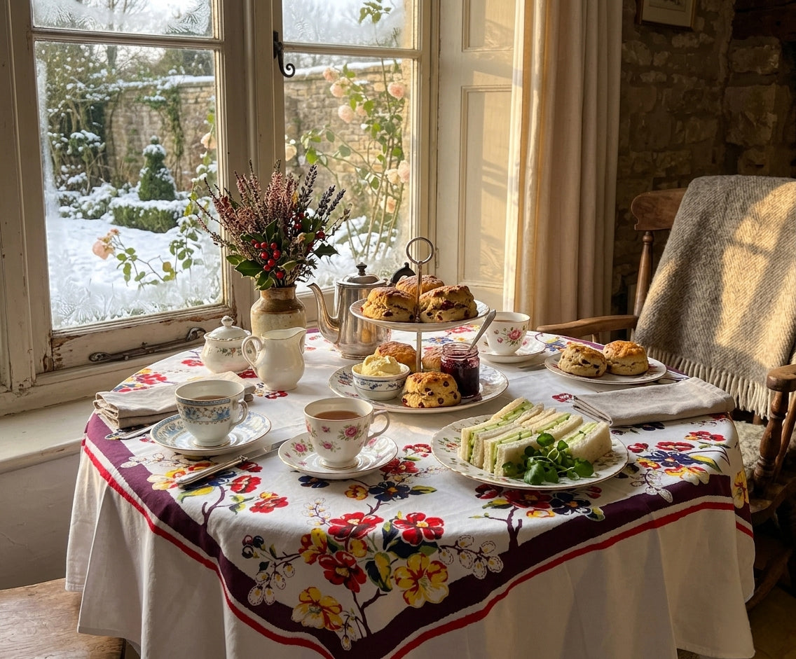 Reproduction Vintage 100% Cotton 60 Inch Square Retro Style Tablecloth - Blossoms Floral Pattern