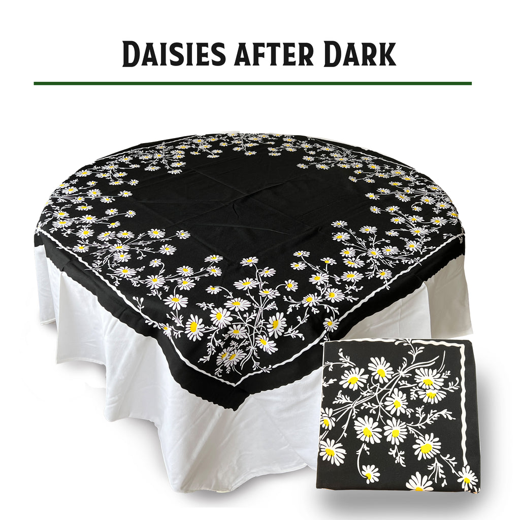 Reproduction Vintage 100% Cotton 60 Inch Square Retro Style Tablecloth - Daisies After Dark Pattern