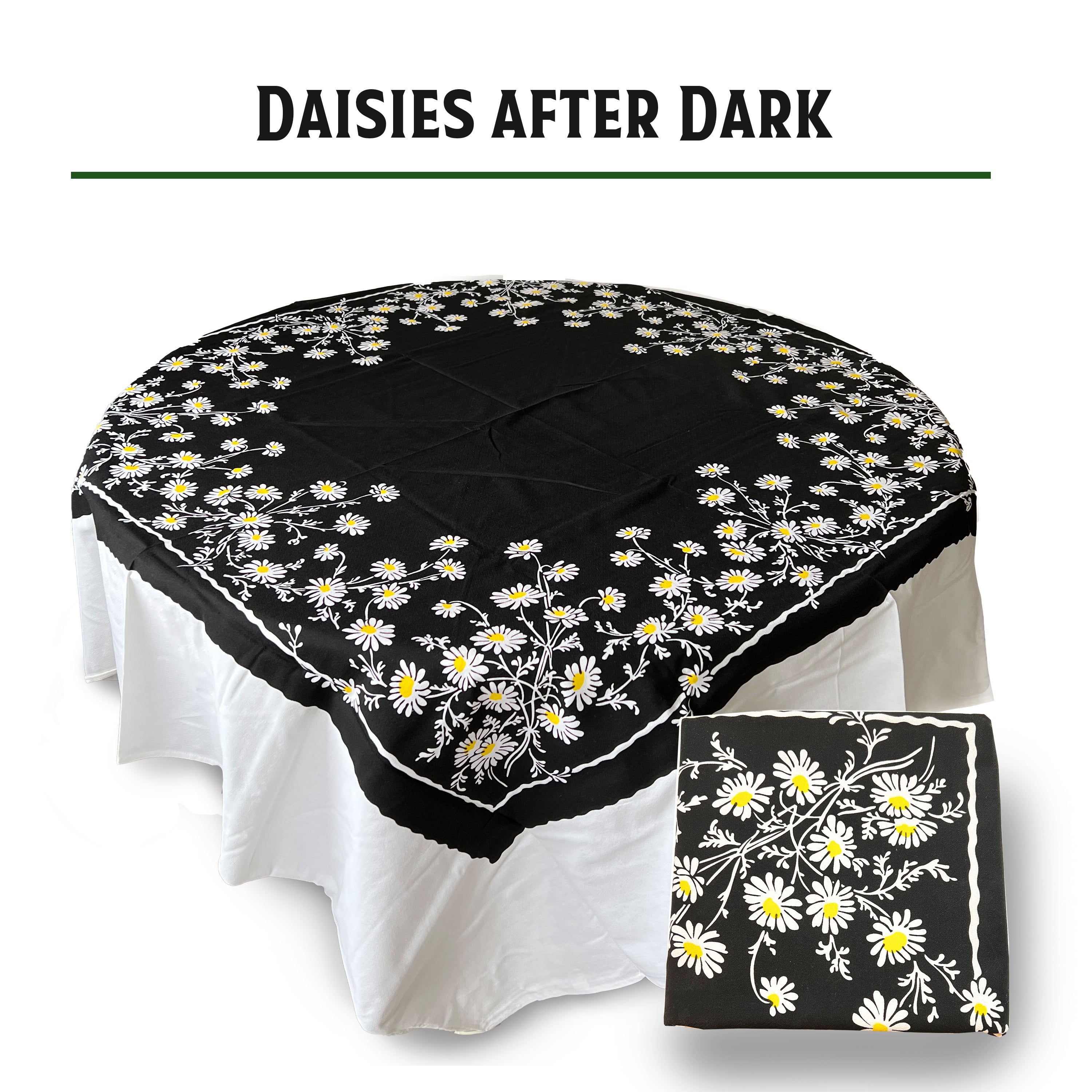 Reproduction Vintage 100% Cotton 60 Inch Square Retro Style Tablecloth - Daisies After Dark Pattern