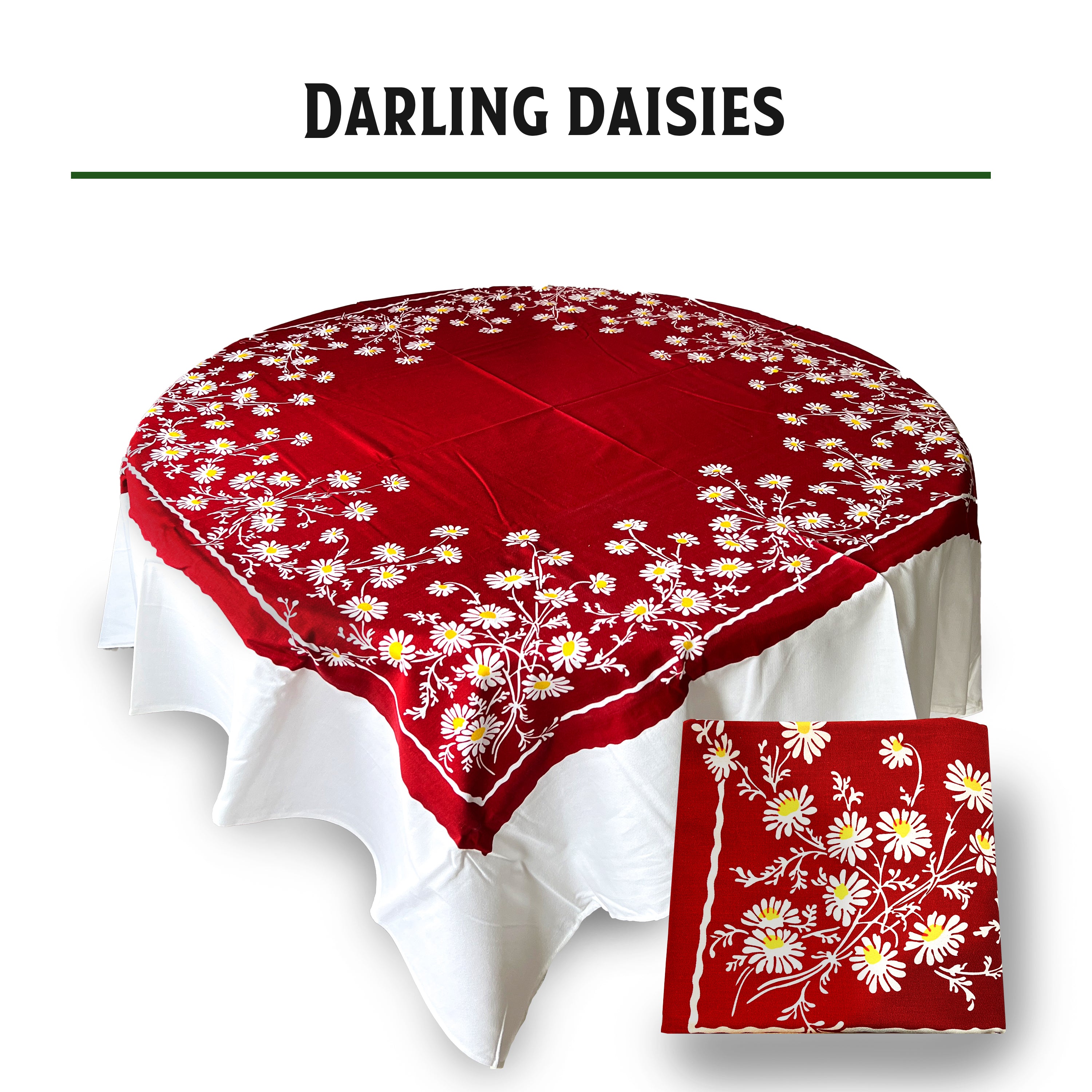 Reproduction Vintage 100% Cotton 60 Inch Square Retro Style Tablecloth - Darling Daisies Floral Pattern