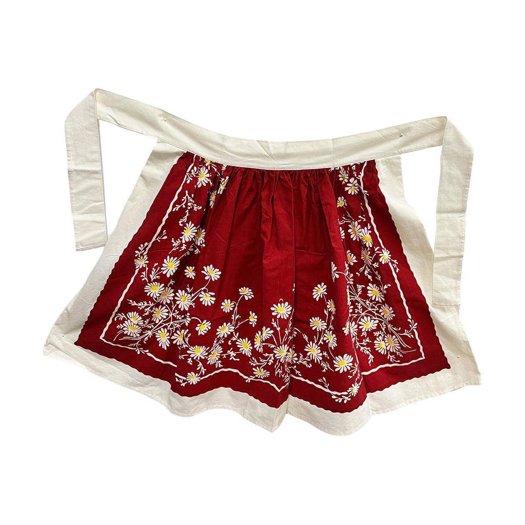 Daisies in Red Vintage Tablecloth Cotton Half Apron