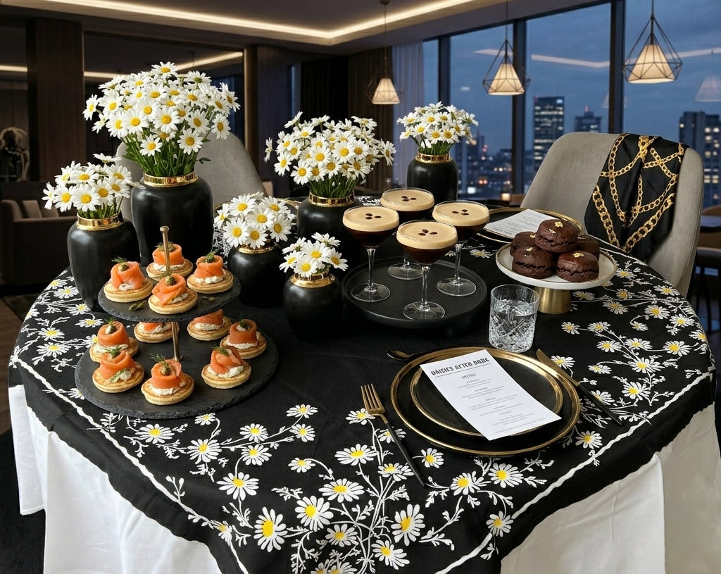 Reproduction Vintage 100% Cotton 60 Inch Square Retro Style Tablecloth - Daisies After Dark Pattern