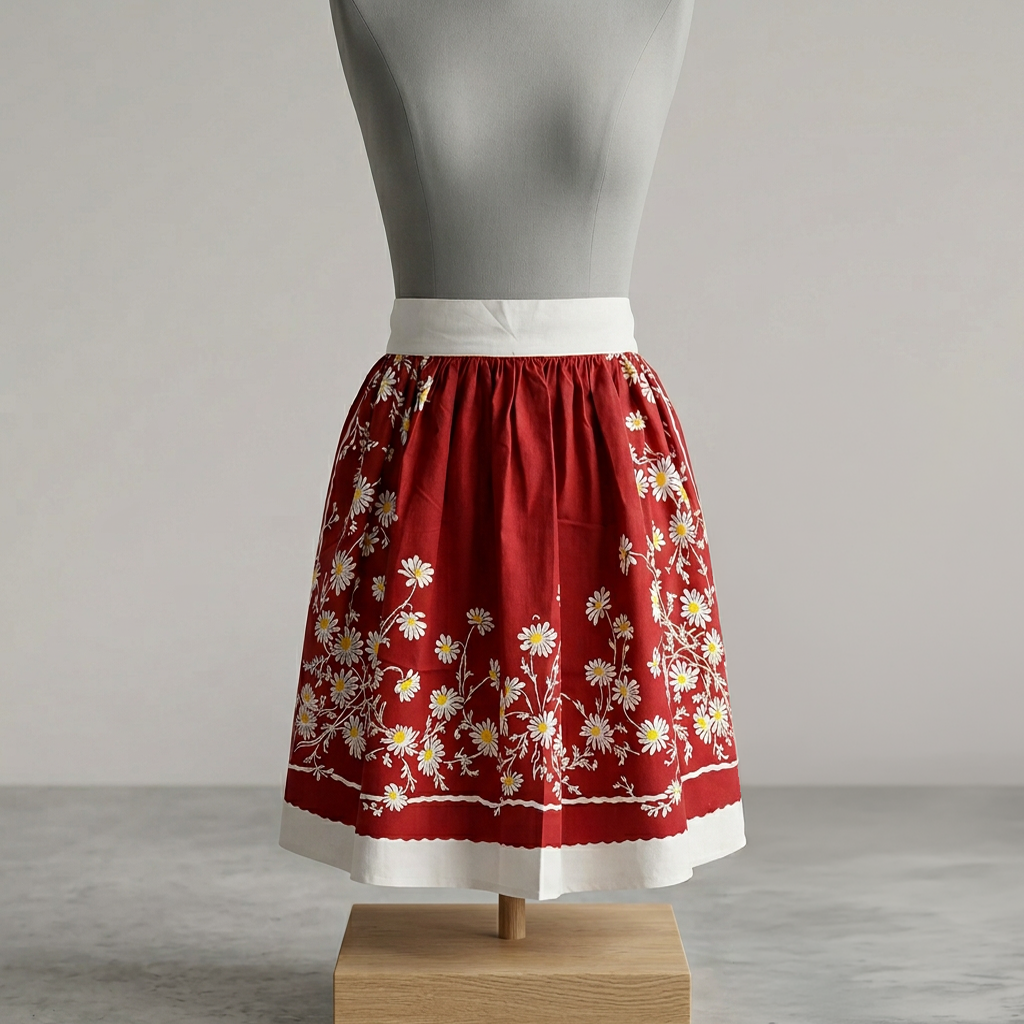 Daisies in Red Vintage Tablecloth Cotton Half Apron