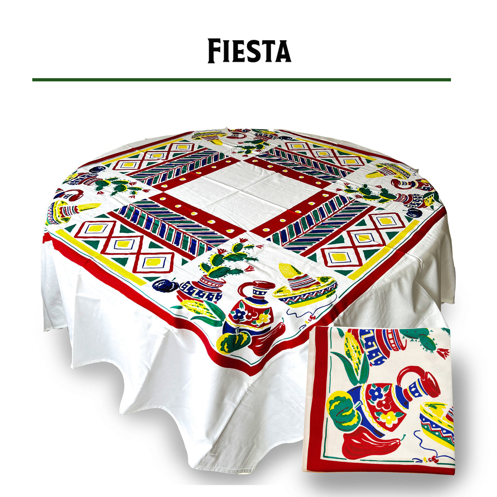 Vintage Mexican fiesta cotton tablecloth, 60-inch square, 1940s reproduction, silk screen printed