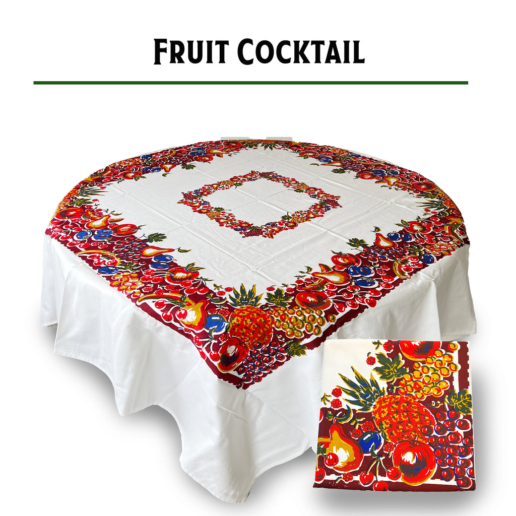 Vintage fruit cocktail cotton tablecloth, 60-inch square, 1940s reproduction, silk screen printed, Wilendur style, pattern of pineapple, pears, berries, cherries, apples, grapes, plums and leaves.