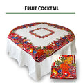 Vintage fruit cocktail cotton tablecloth, 60-inch square, 1940s reproduction, silk screen printed, Wilendur style, pattern of pineapple, pears, berries, cherries, apples, grapes, plums and leaves.