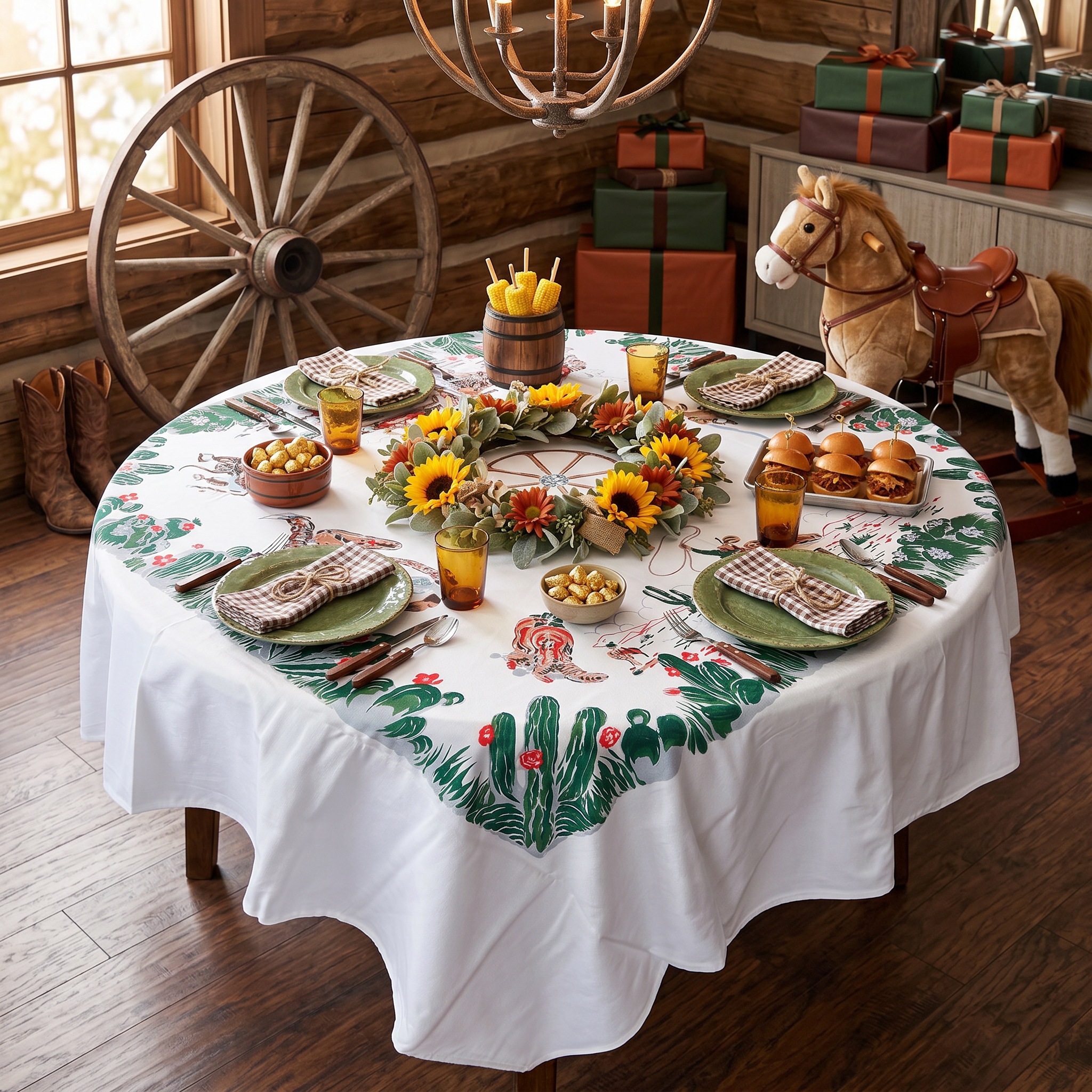 Cowboy Print Vintage Style Tablecloth, 1940s Era