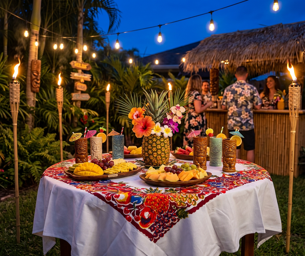 Fruit Cocktail pattern vintage tablecloth with tropical fruits, flowers, lit by tiki torches.