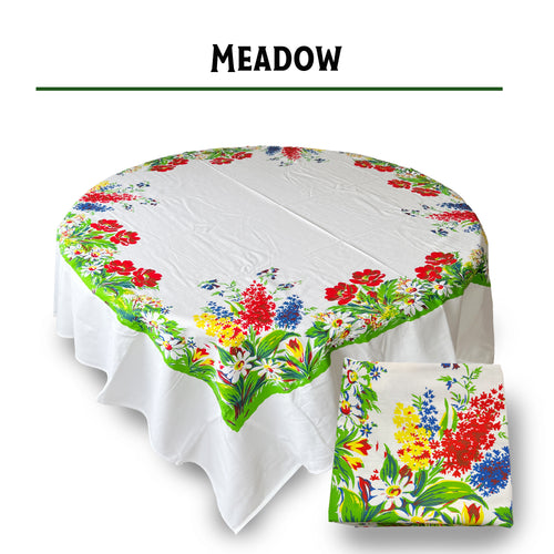Vintage meadow floral cotton tablecloth, 60-inch square, 1940s reproduction, silk screen printed