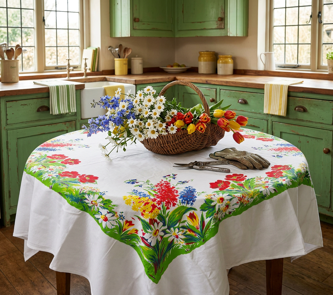 Meadow Floral Vintage Style Tablecloth, 1940s Era