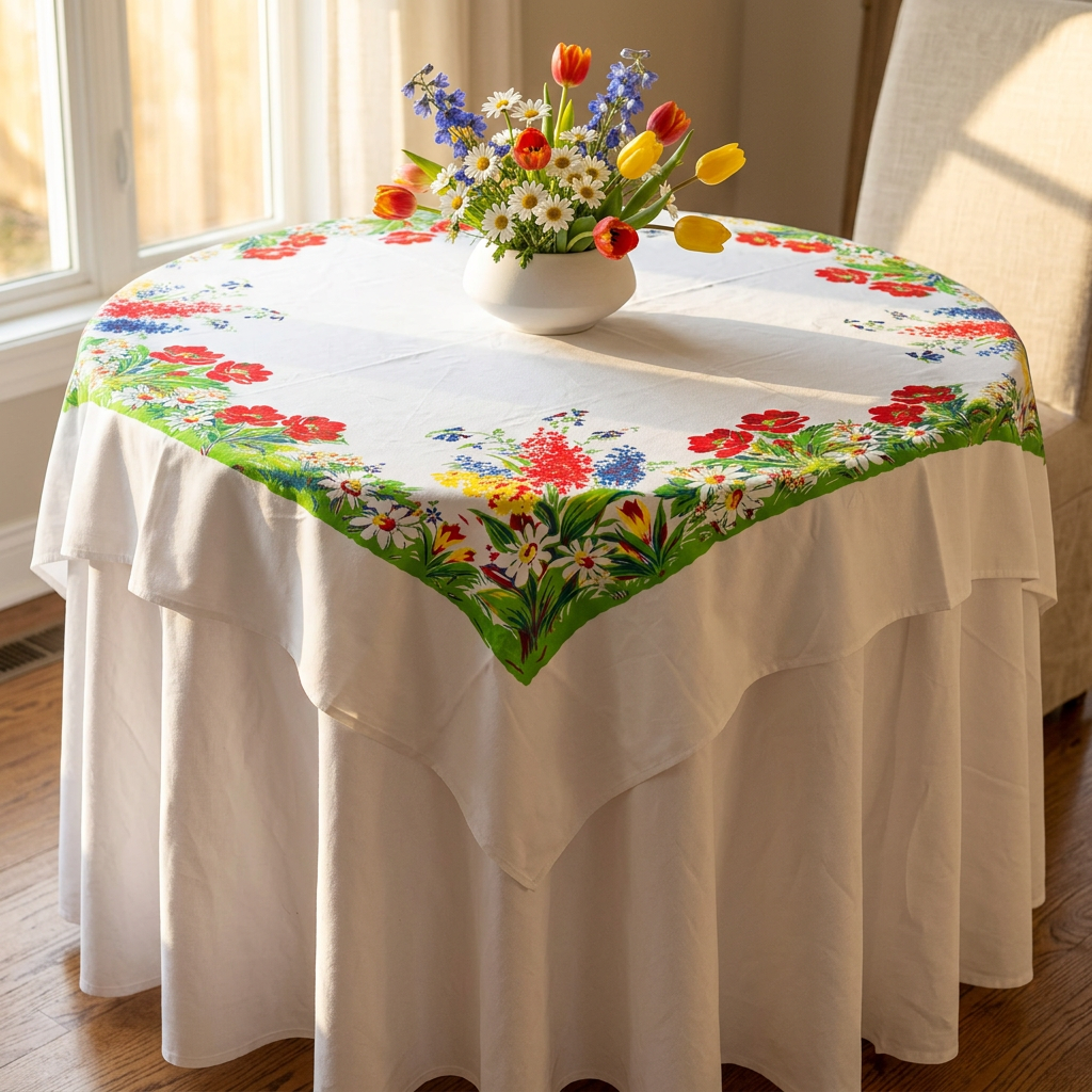 Square Meadow Vintage Repro tablecloth draped over a plain white round cloth on a round table with a vase of flowers in a bright room.
