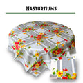 Vintage nasturtiums floral cotton tablecloth, 60-inch square, 1940s reproduction, silk screen printed, Wilendur Style, orange, yellow, trailing vines, gray lattice background