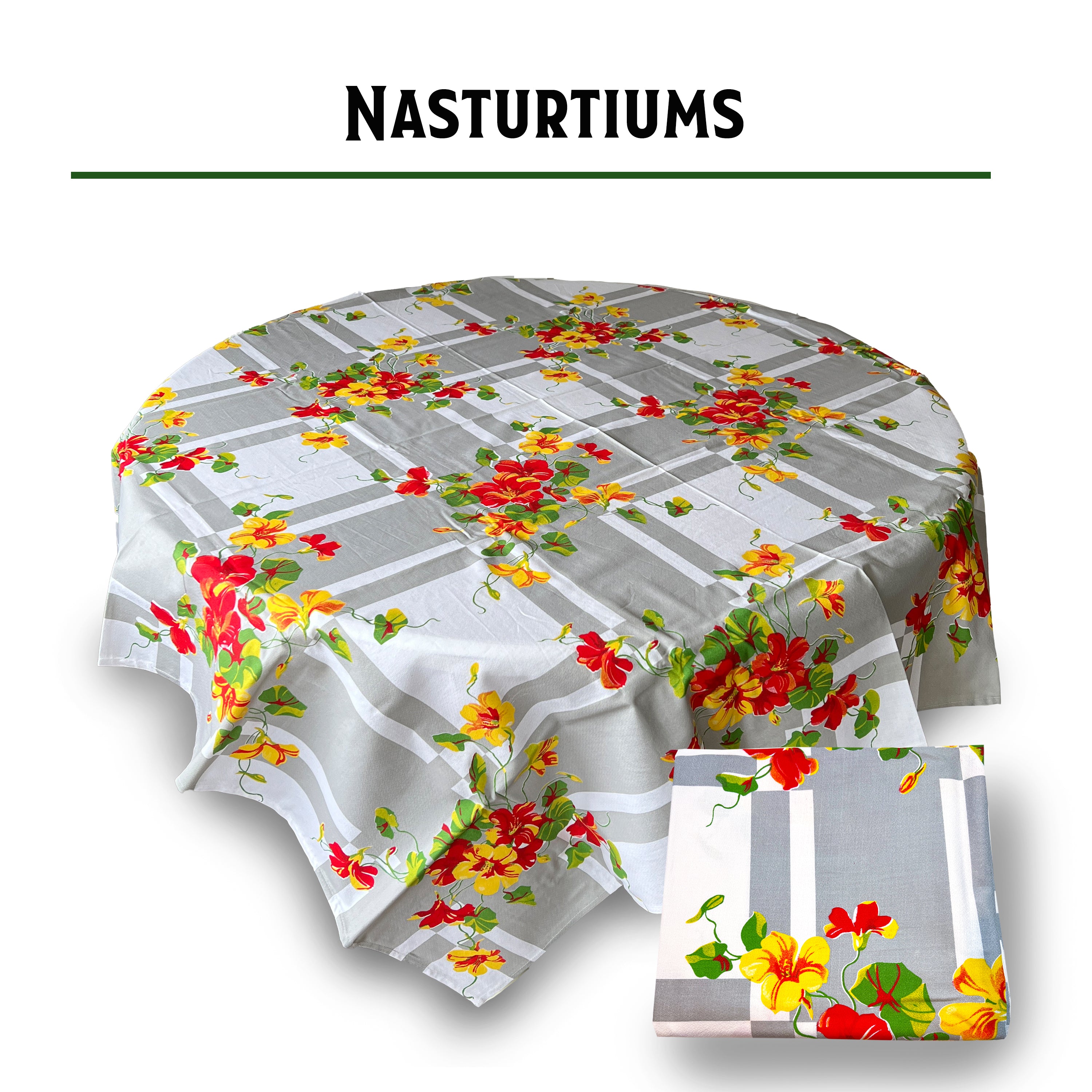 Reproduction Vintage 100% Cotton 60 Inch Square Retro Style Tablecloth - Nasturiums Floral Pattern
