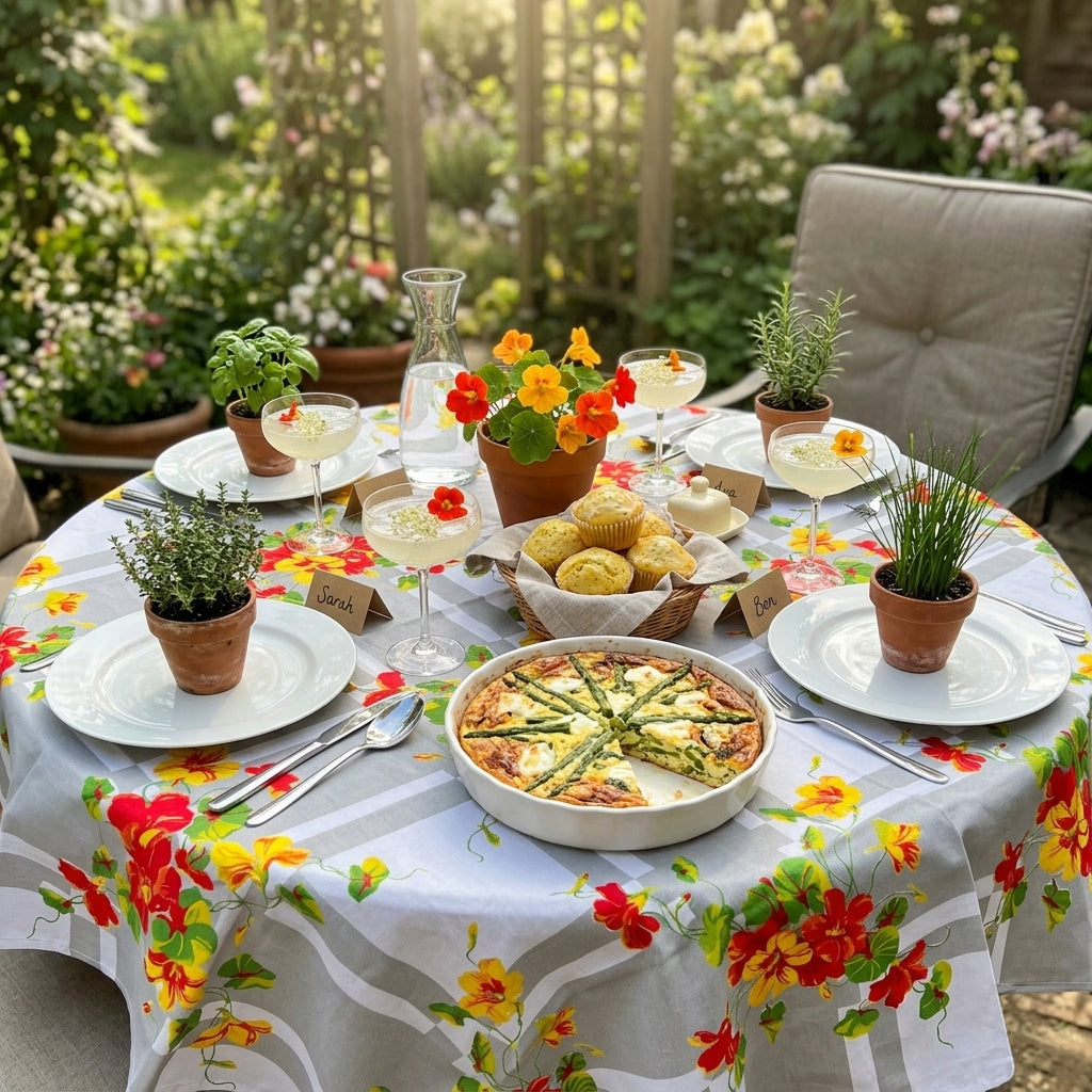 Vintage nasturtiums cotton tablecloth, 60-inch square, 1940s reproduction, silk screen printed shown spread out on a table outdoors, set with plates and dinnerware with food arranged for a Spring brunch on a garden patio