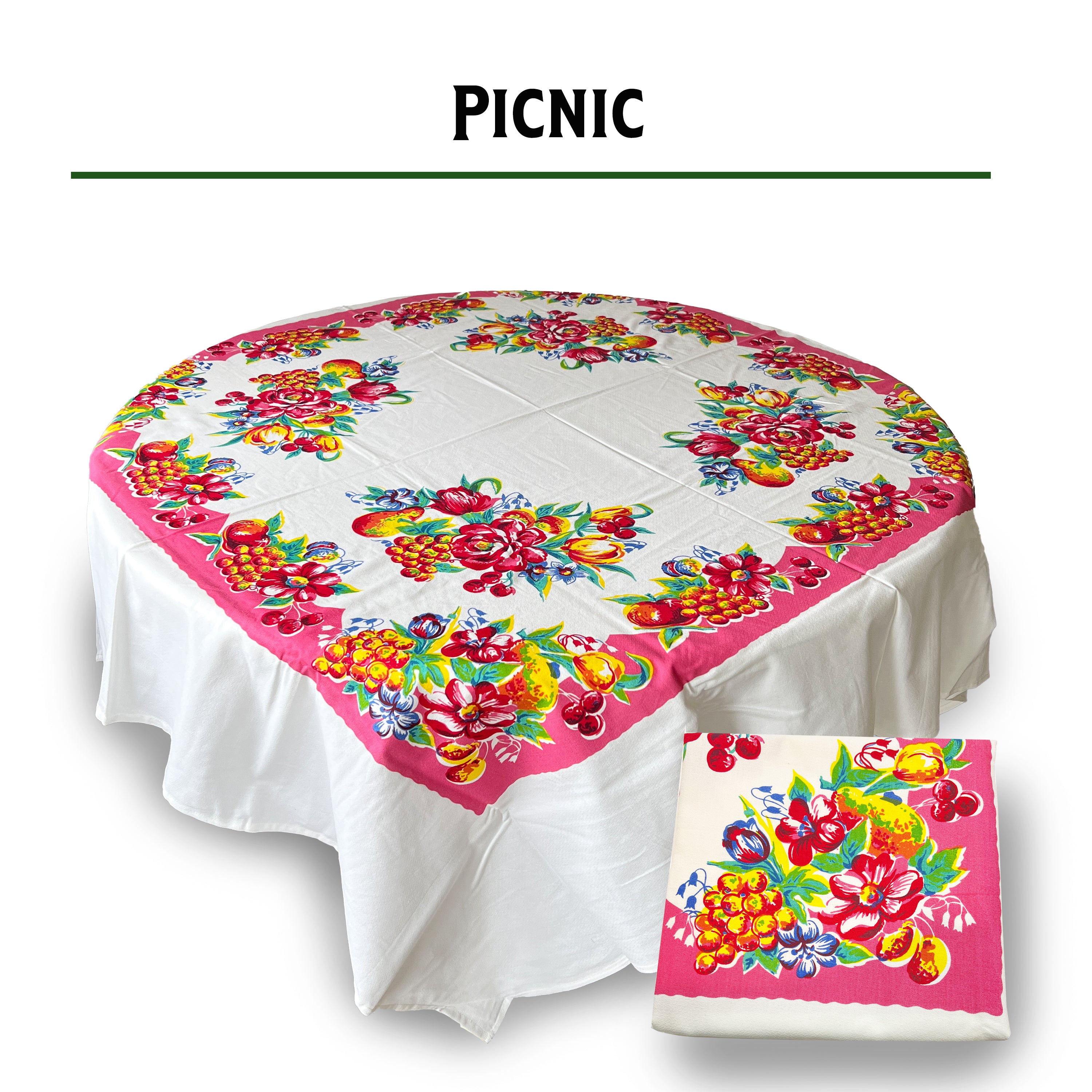 Reproduction Vintage 100% Cotton 60 Inch Square Retro Style Tablecloth - Picnic Floral Pattern
