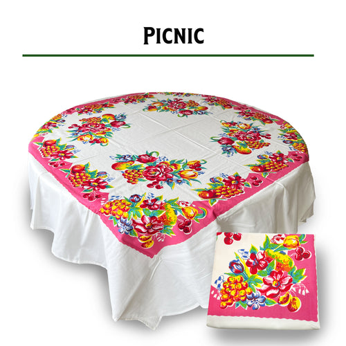 Vintage picnic floral cotton tablecloth, 60-inch square, 1940s reproduction, silk screen printed, Wilendur style pattern in Pink with fruits and flowers in multi-colors