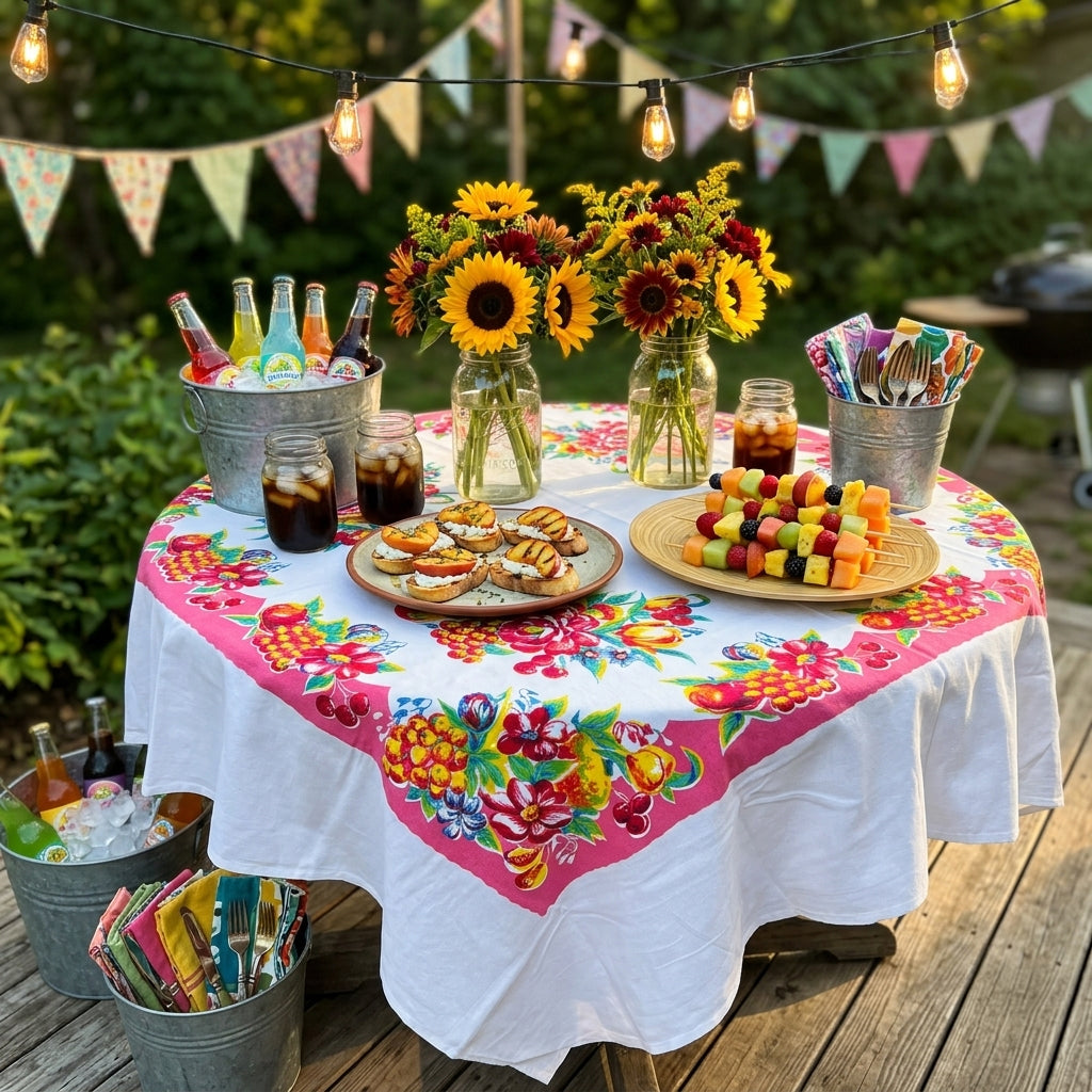 Reproduction Vintage 100% Cotton 60 Inch Square Retro Style Tablecloth - Picnic Floral Pattern