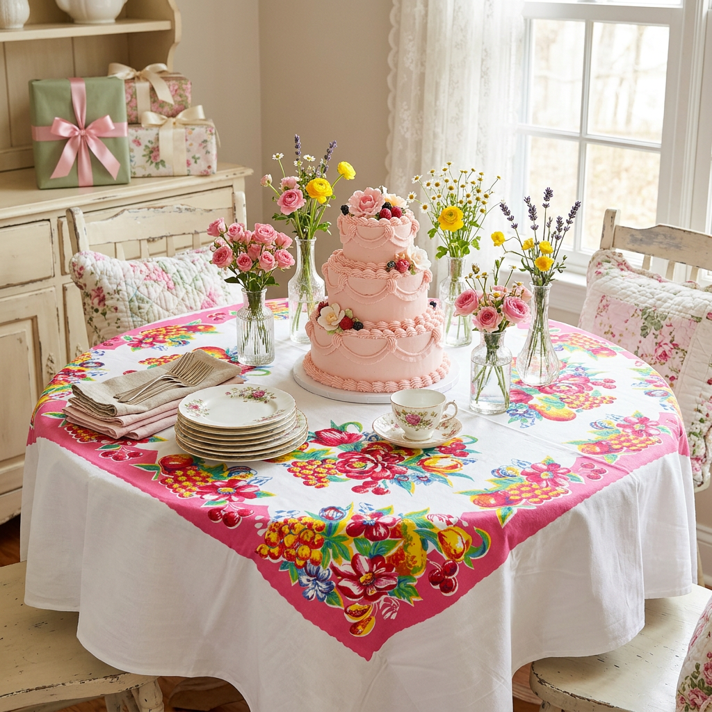 Classic Mid-Century Floral Pattern Reproduction Tablecloth, All Cotton