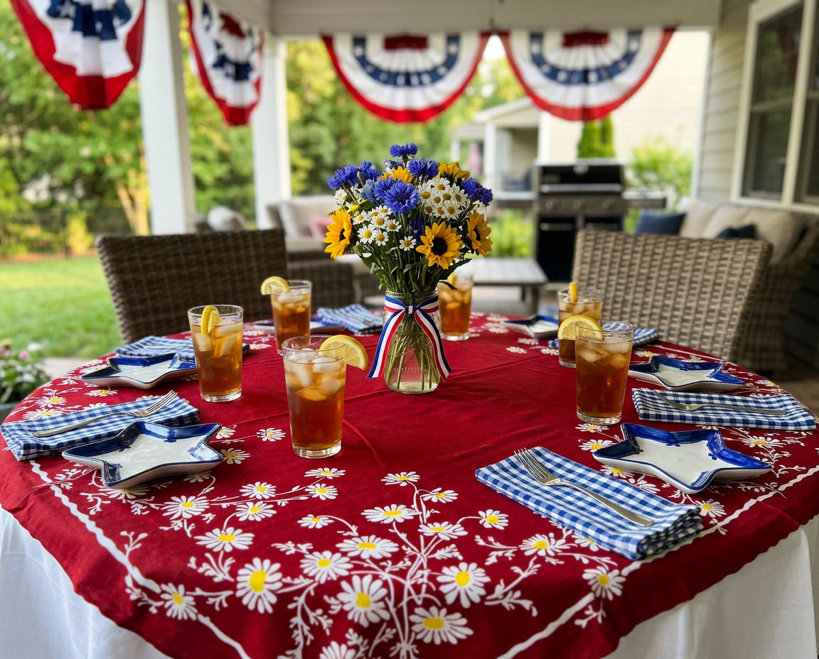 Daisies on Red Background 1940s Repro Pattern Tablecloth