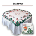 Vintage cowboy trail dust 100% cotton tablecloth, 60-inch square, 1940s reproduction, silk screen printed, Western motif with cactus, wagon wheel, cowboy boots, six shooter, campfire, lasso, cowboy hat