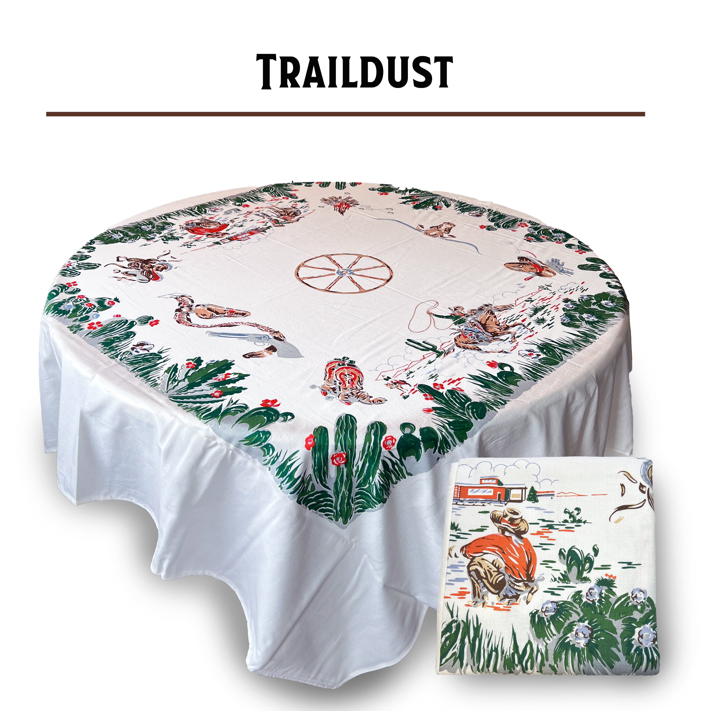 Reproduction Vintage 100% Cotton 60 Inch Square Retro Style Tablecloth - Trail Dust Cowboy Pattern