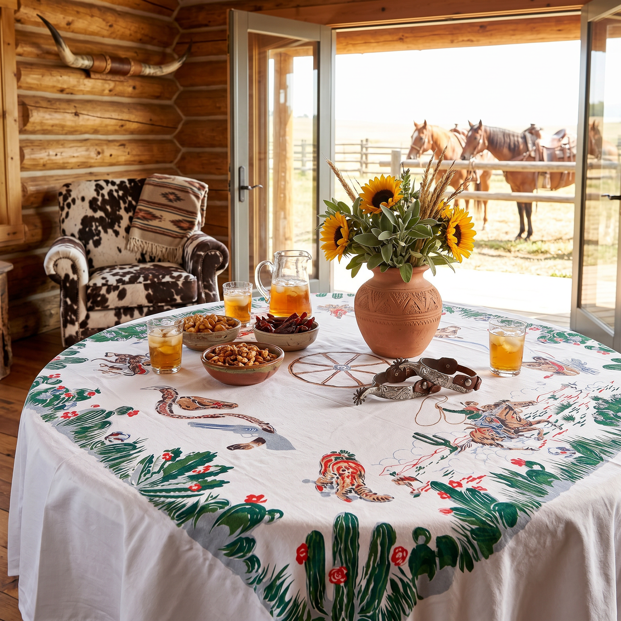 Cowboy Trail Dust pattern 1940s vintage reproduction tablecloth on table at a dude ranch with horses tied outside.