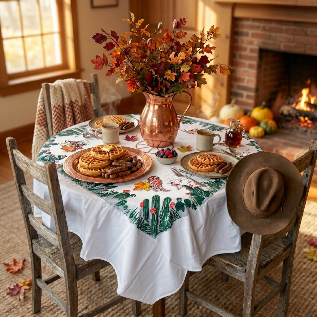 Vintage cowboy cotton tablecloth, 60-inch square, 1940s reproduction, silk screen printed