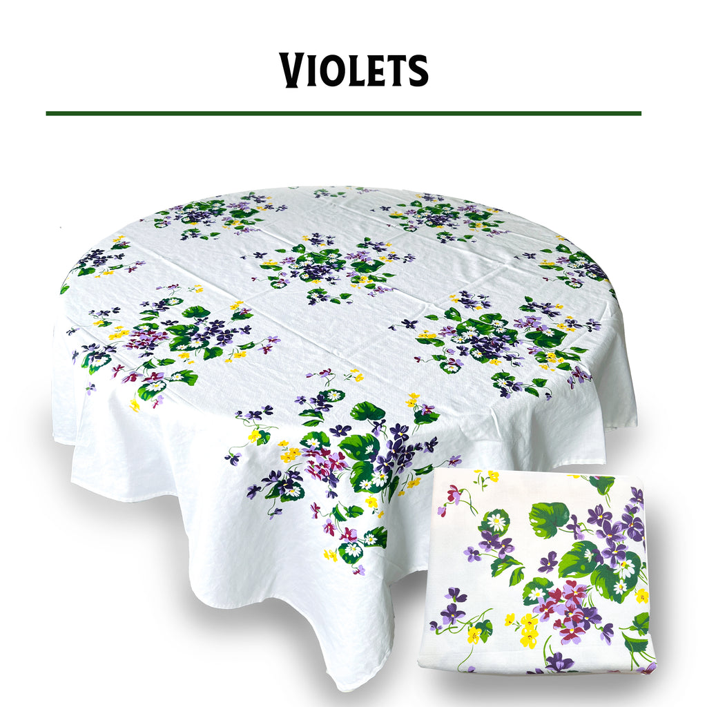 Vintage violets floral cotton tablecloth, 60-inch square, 1940s reproduction, silk screen printed, Wilendur style