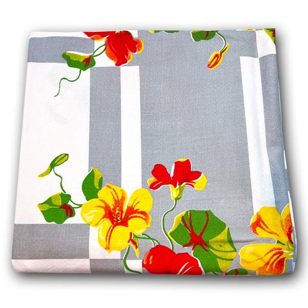Vintage nasturtiums floral cotton tablecloth, 60-inch square, 1940s reproduction, silk screen printed