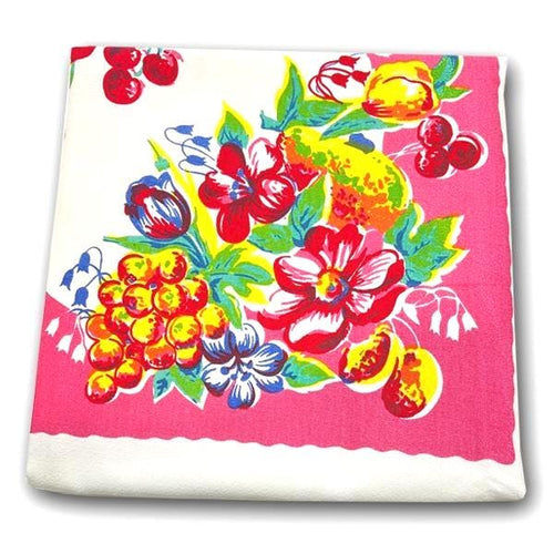 Vintage picnic floral cotton tablecloth, 60-inch square, 1940s reproduction, silk screen printed