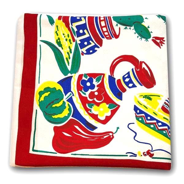 Vintage Mexican fiesta cotton tablecloth, 60-inch square, 1940s reproduction, silk screen printed