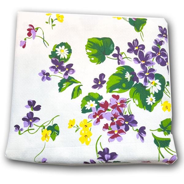 Vintage violets floral cotton tablecloth, 60-inch square, 1940s reproduction, silk screen printed