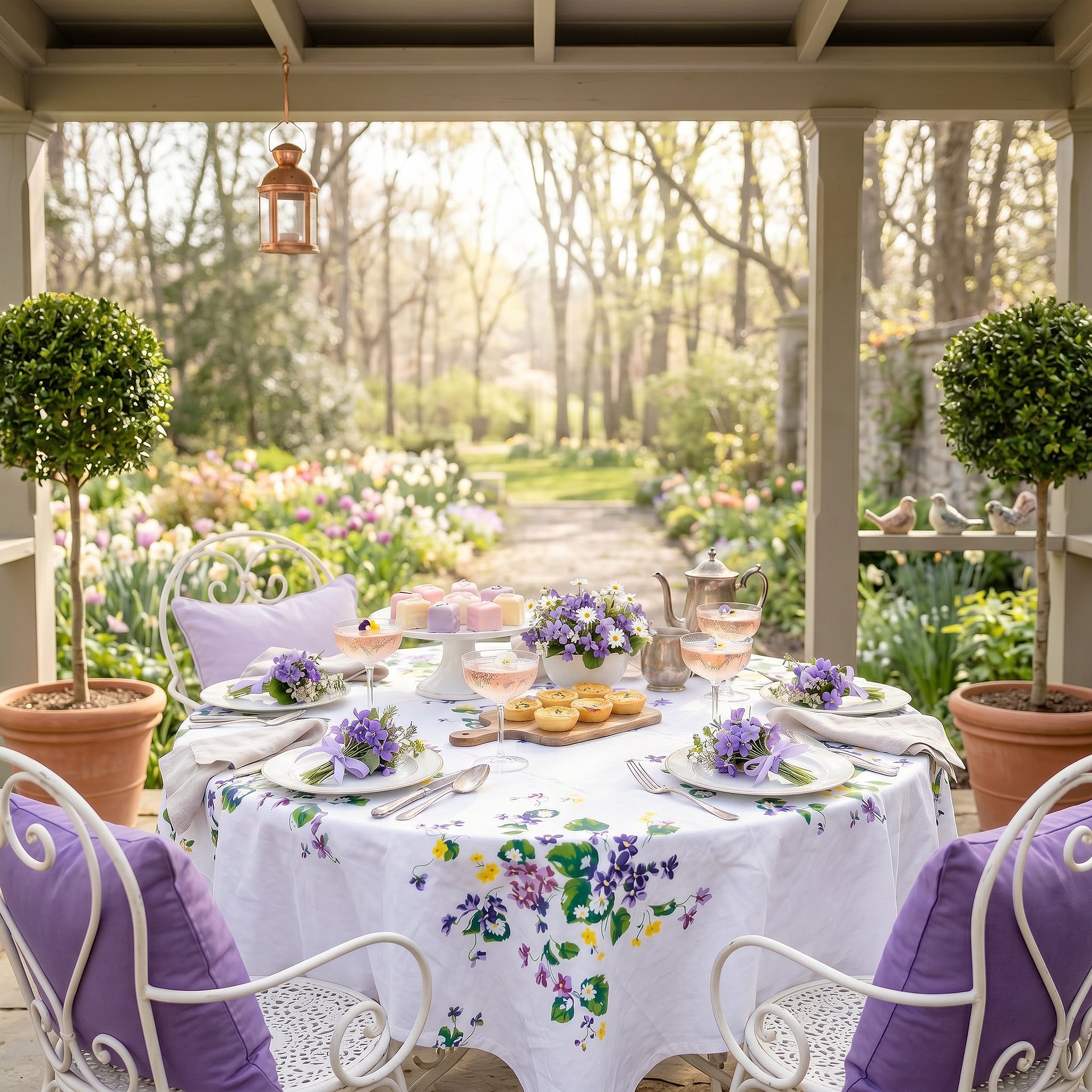 Violets Pattern Vintage 1940s Style Cotton Tablecloth