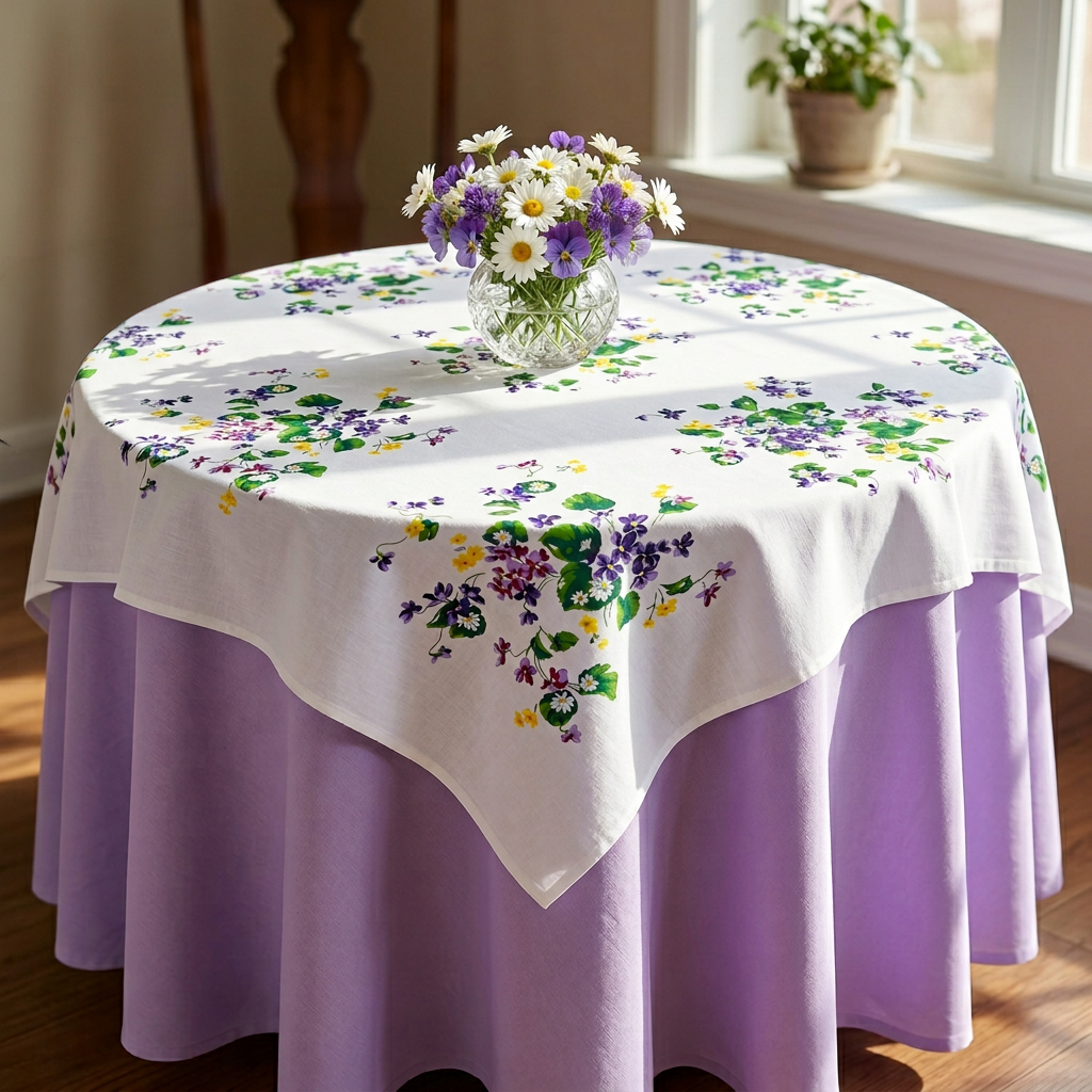 Vintage 1940s style violets tablecloth spread on table with flower centerpiece